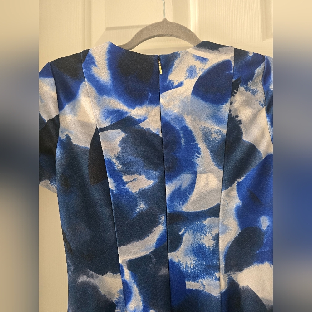 DKNY Blue White Abstract Print Dress Size 2 Fit & Flare Summer Wedding Guest - Picture 6 of 11